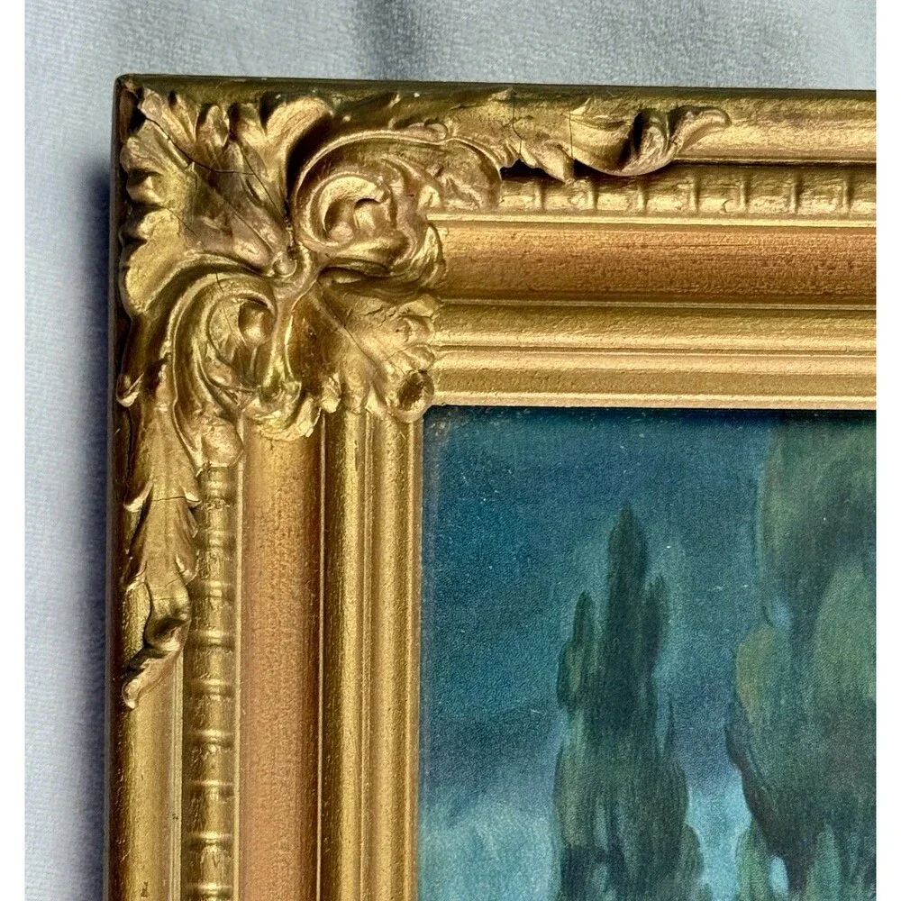 Vintage Jesus Praying Art Under Glass Ornate Gilt Wood Gold Frame Antique